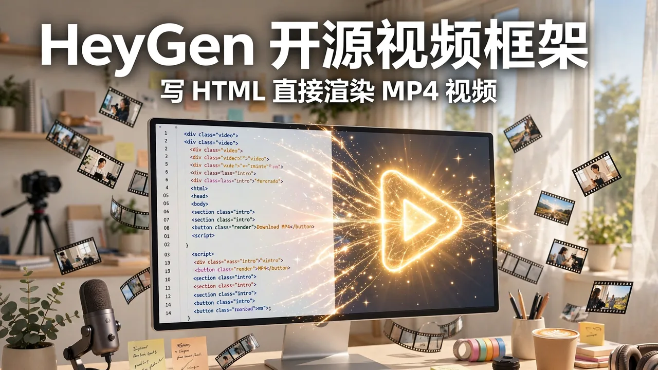 明亮的创作者工作室,屏幕上 HTML 代码化作视频播放按钮