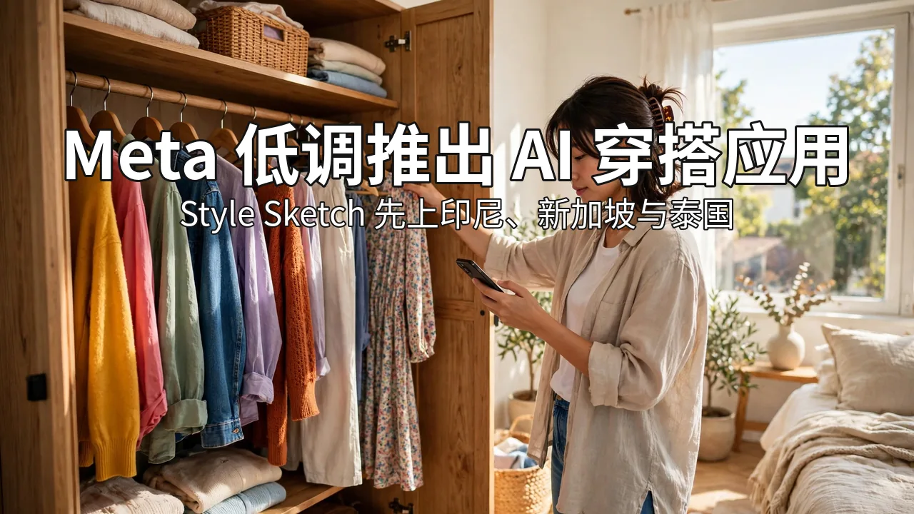 阳光明亮的卧室里,一名女士拿着手机在衣柜前挑选衣服