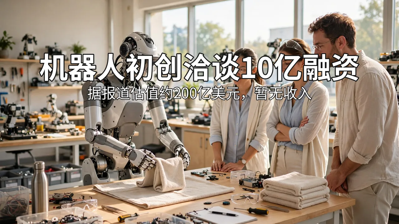 阳光明亮的机器人实验室里人形机器人叠毛巾，三名工程师在旁观看