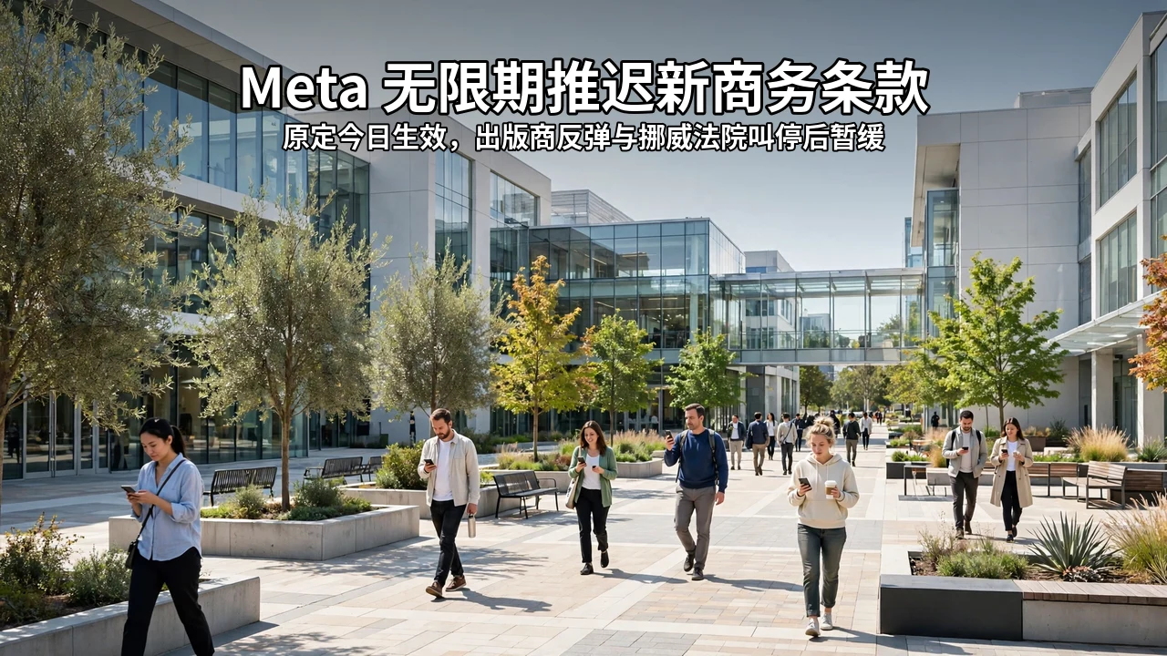 阳光下的现代科技园区，人们边走边看手机