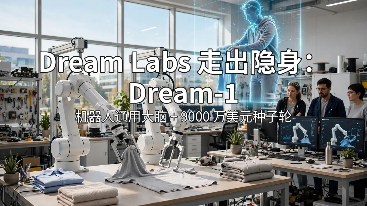 Bright illustration of a dual-arm robot folding clothes with a holographic video-playback overlay in a sunlit robotics lab