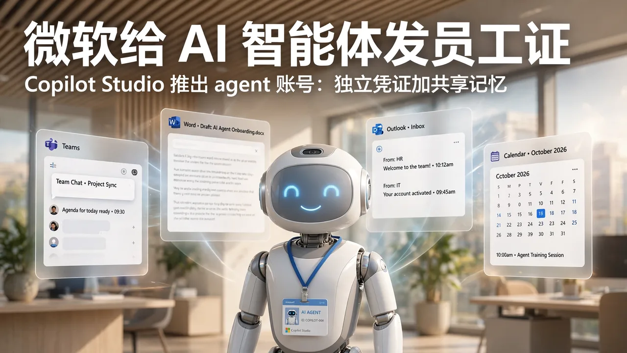 Robot wearing an employee badge in an office with Teams, Word and Outlook windows