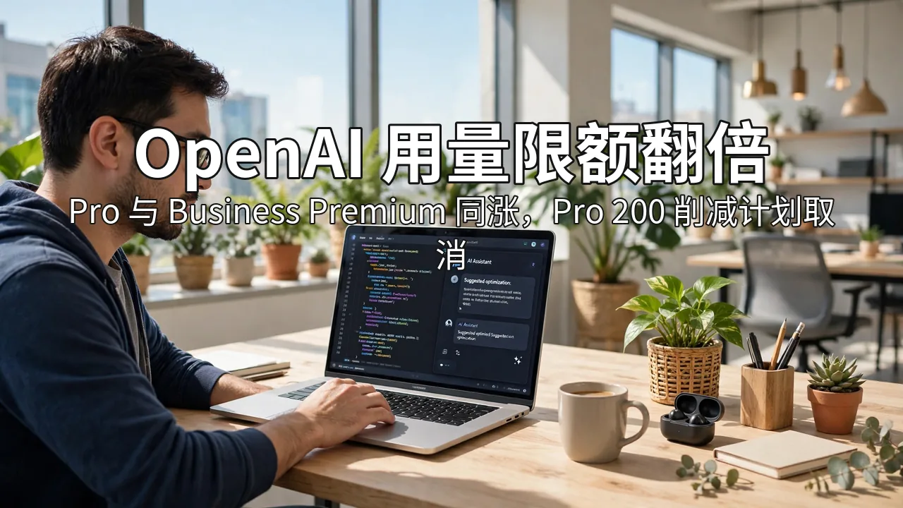 阳光明亮的办公室里,一名开发者在笔记本电脑前使用代码与 AI 助手界面