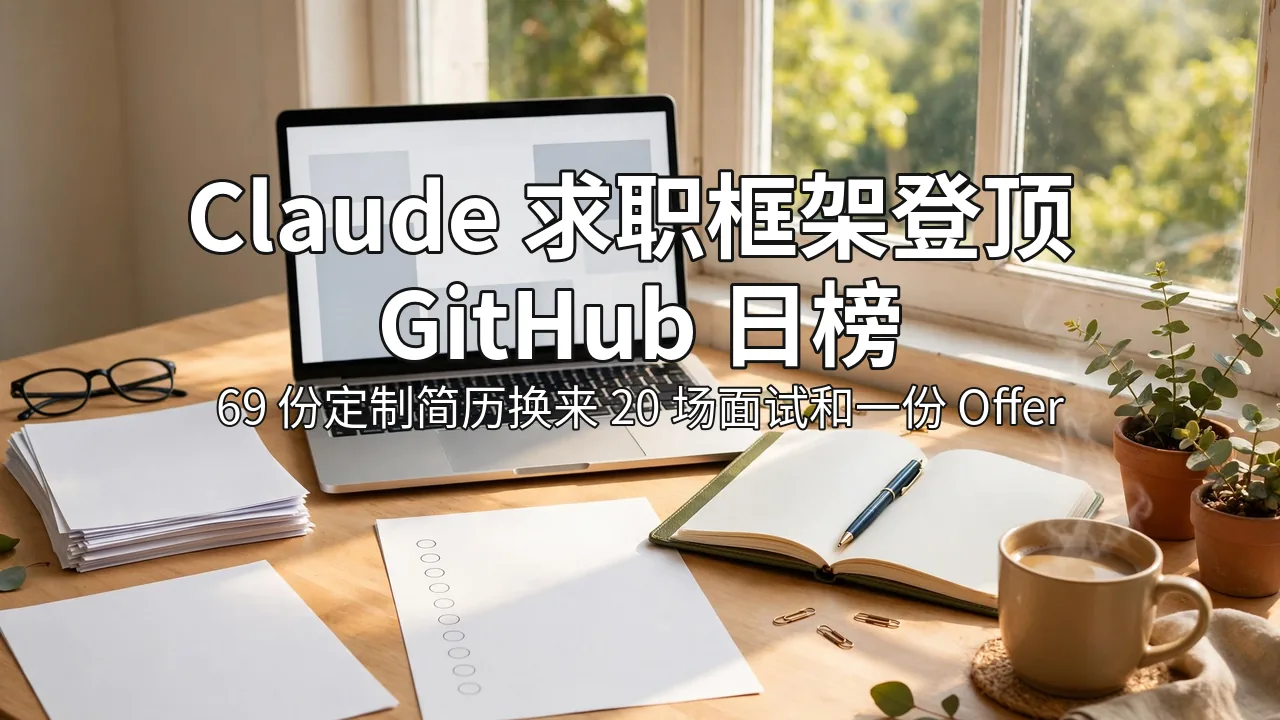 Bright photorealistic photo-style scene: a tidy desk by a sunny window, a laptop open on a job-application dashboard, CV papers, a notebook and coffee beside it, with a white Chinese headline overlaid at top
