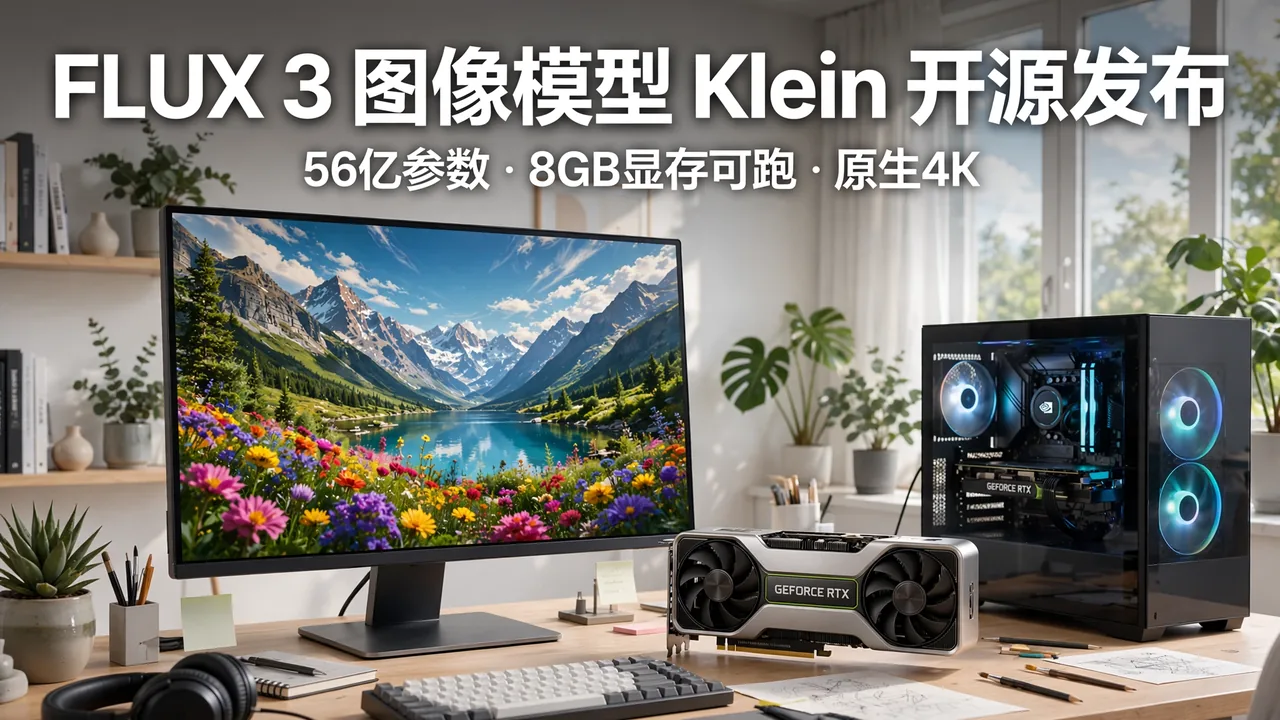 明亮的创意工作室桌面：显示器上展示 AI 生成的风景照片，桌上放着 GeForce 显卡和游戏主机