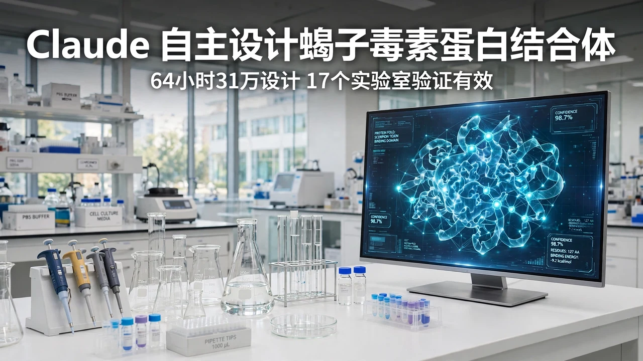 Laboratory bench with protein structure visualization on a screen