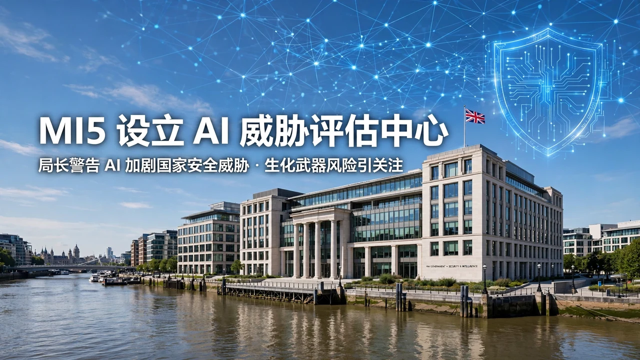AI neural-network and shield motif over a Thames-side government building, with white Chinese headline: MI5 设立 AI 威胁评估中心