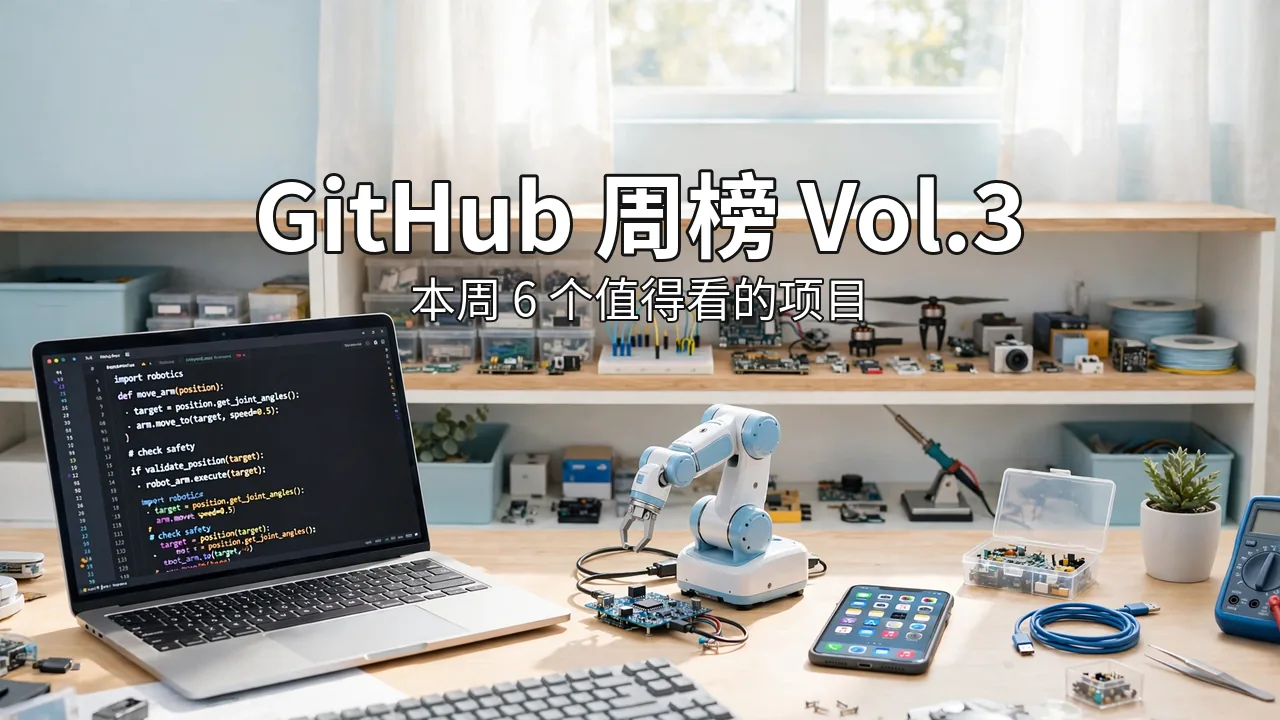 GitHub Weekly Vol.3 cover: a bright developer desk with code, a robot arm and a phone