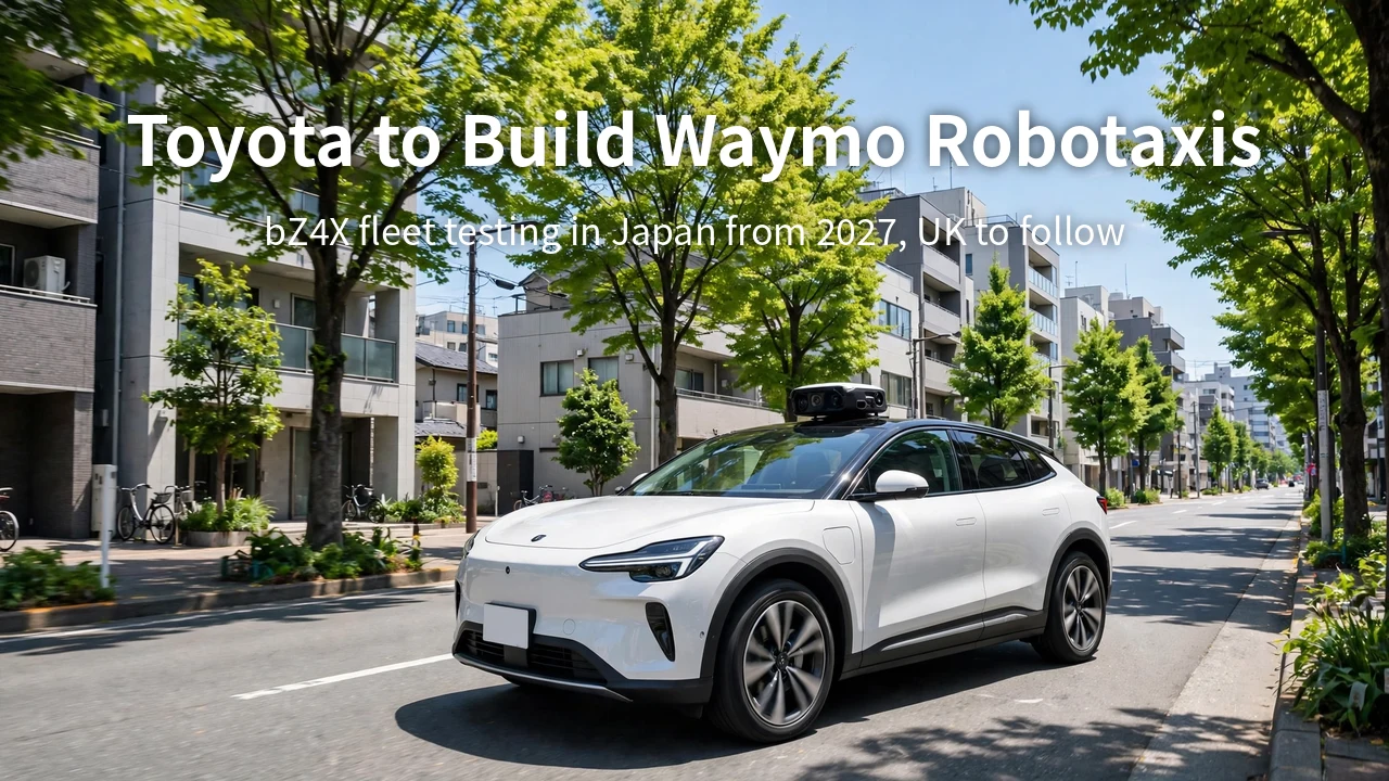 A white electric SUV with a roof sensor pod on a sunny Japanese city street