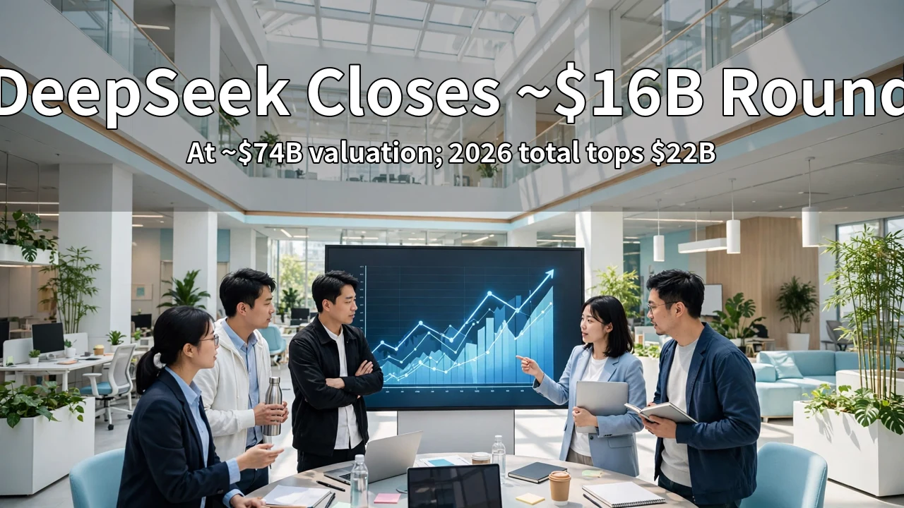 Engineers discussing around a large screen showing rising charts in a bright modern tech office