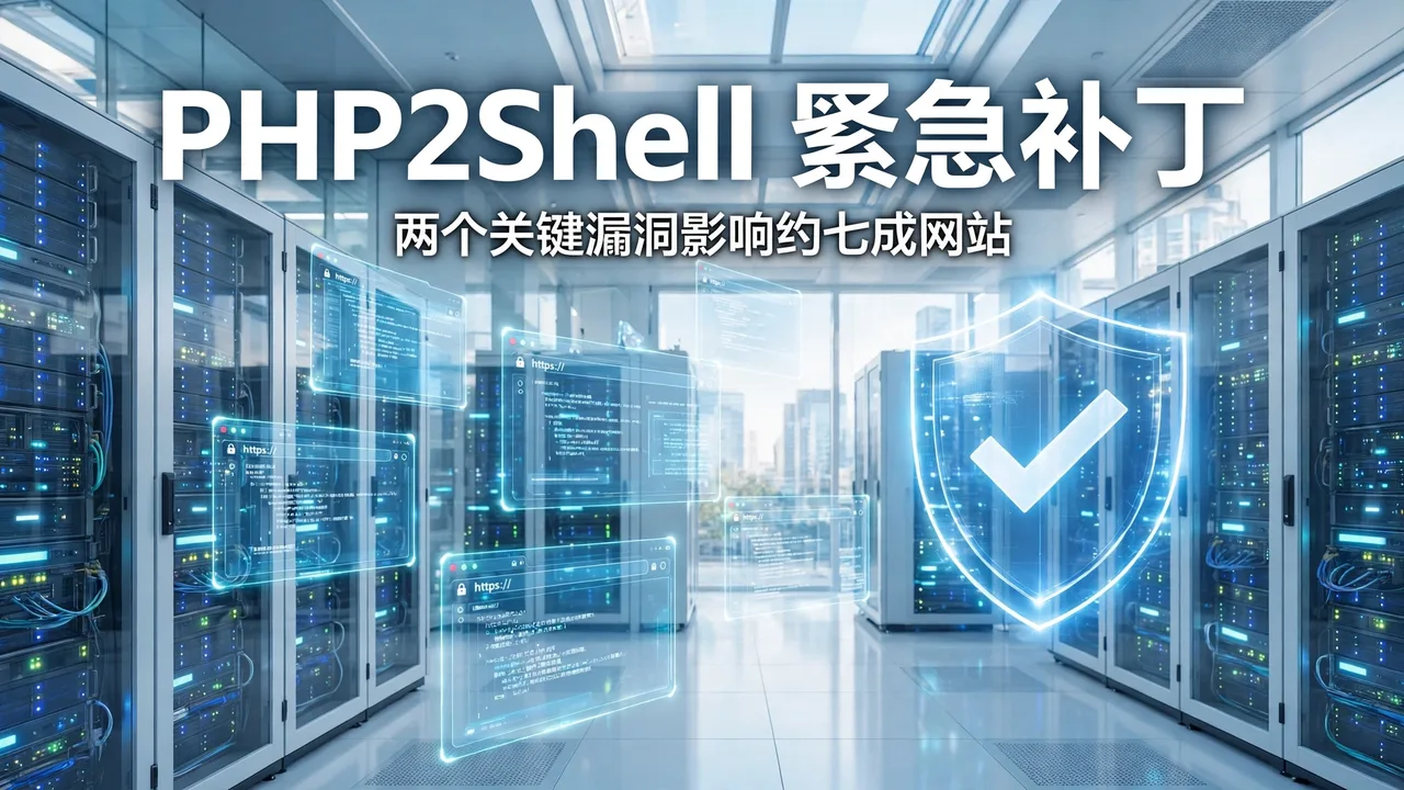 Bright data-center scene with browser windows and a security shield