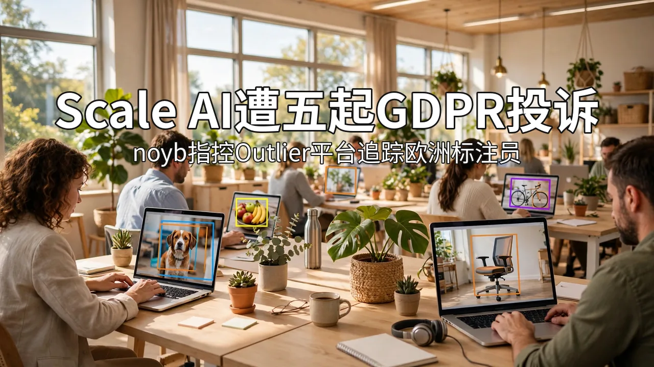 阳光明亮的办公室里多人在笔记本电脑上做图像标注