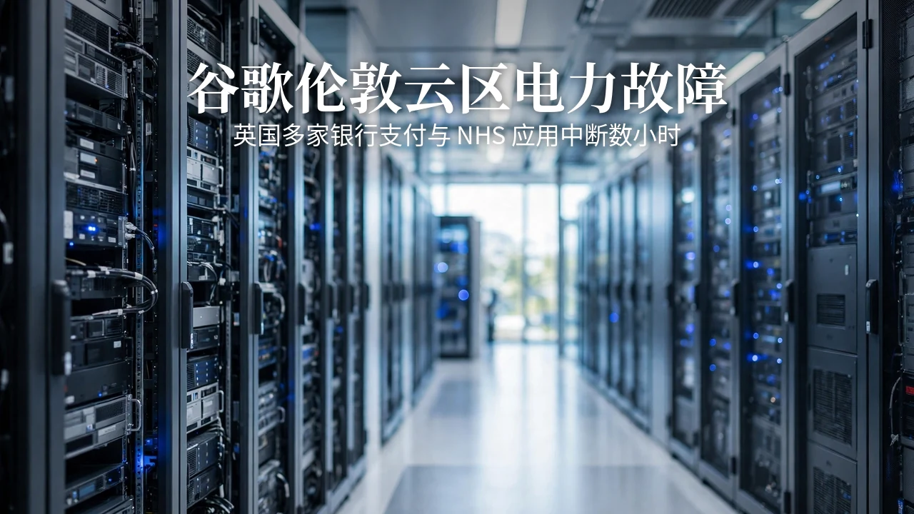 AI-generated illustration: a bright data center corridor
