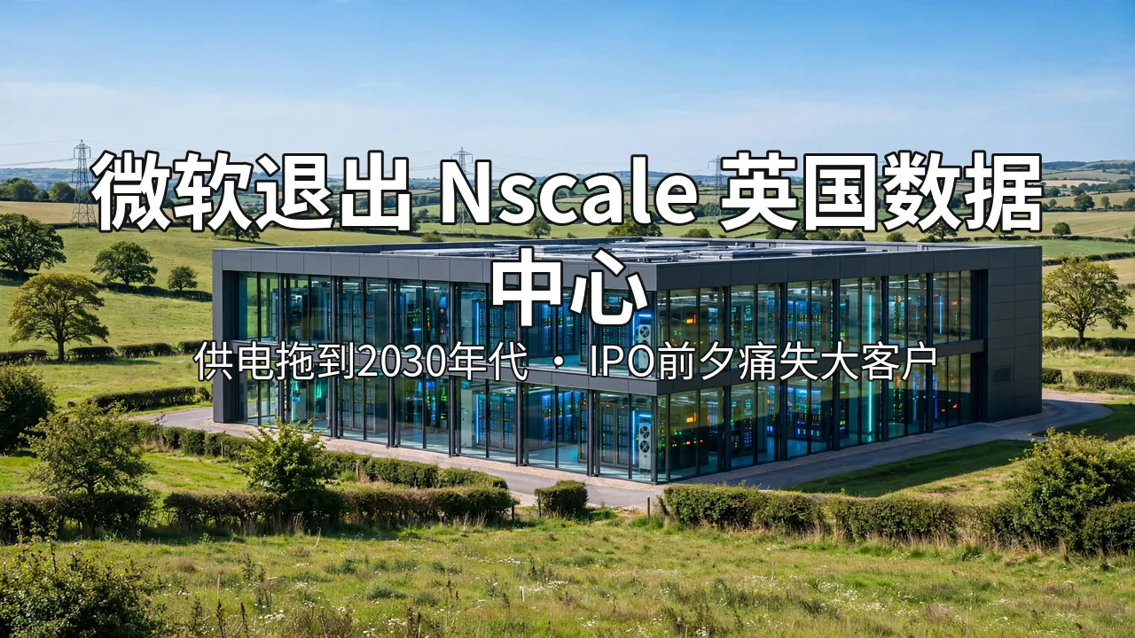 英格兰乡村中的玻璃幕墙 AI 数据中心,远处是输电塔