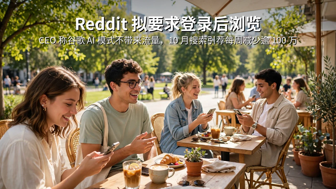 阳光明亮的户外咖啡座上，年轻人边用手机边交谈