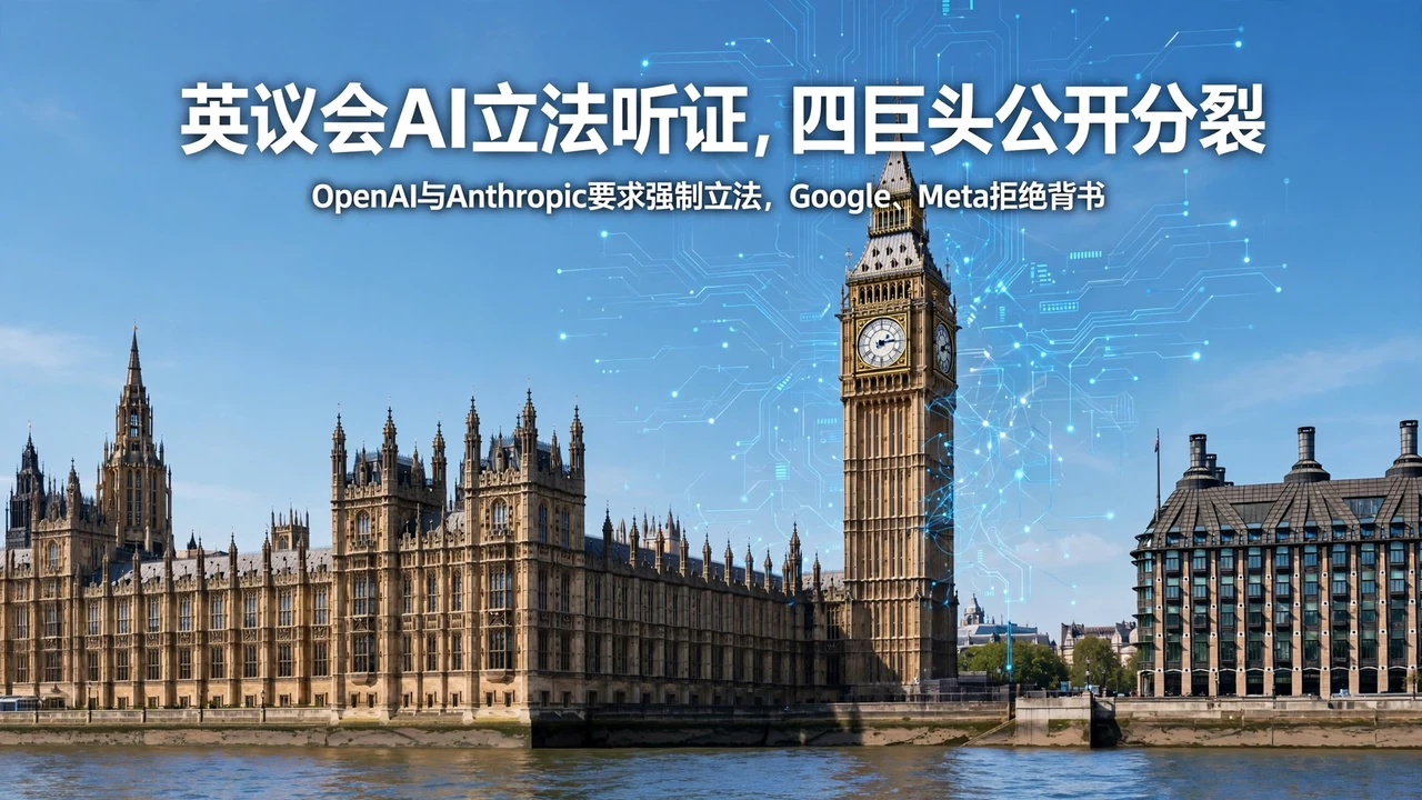AI-generated cover illustration: Westminster Palace under a clear sky with AI network motifs