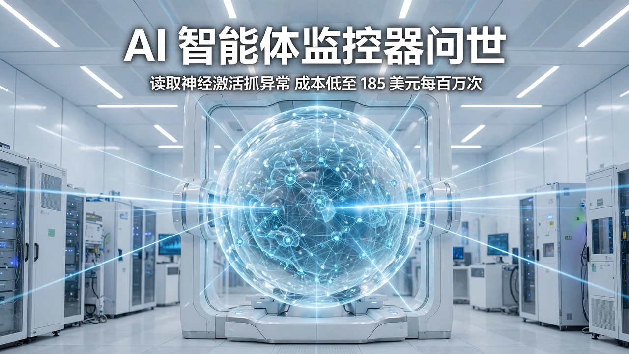 明亮的白色数据大厅中，发光的神经网络球体被扫描光束穿透