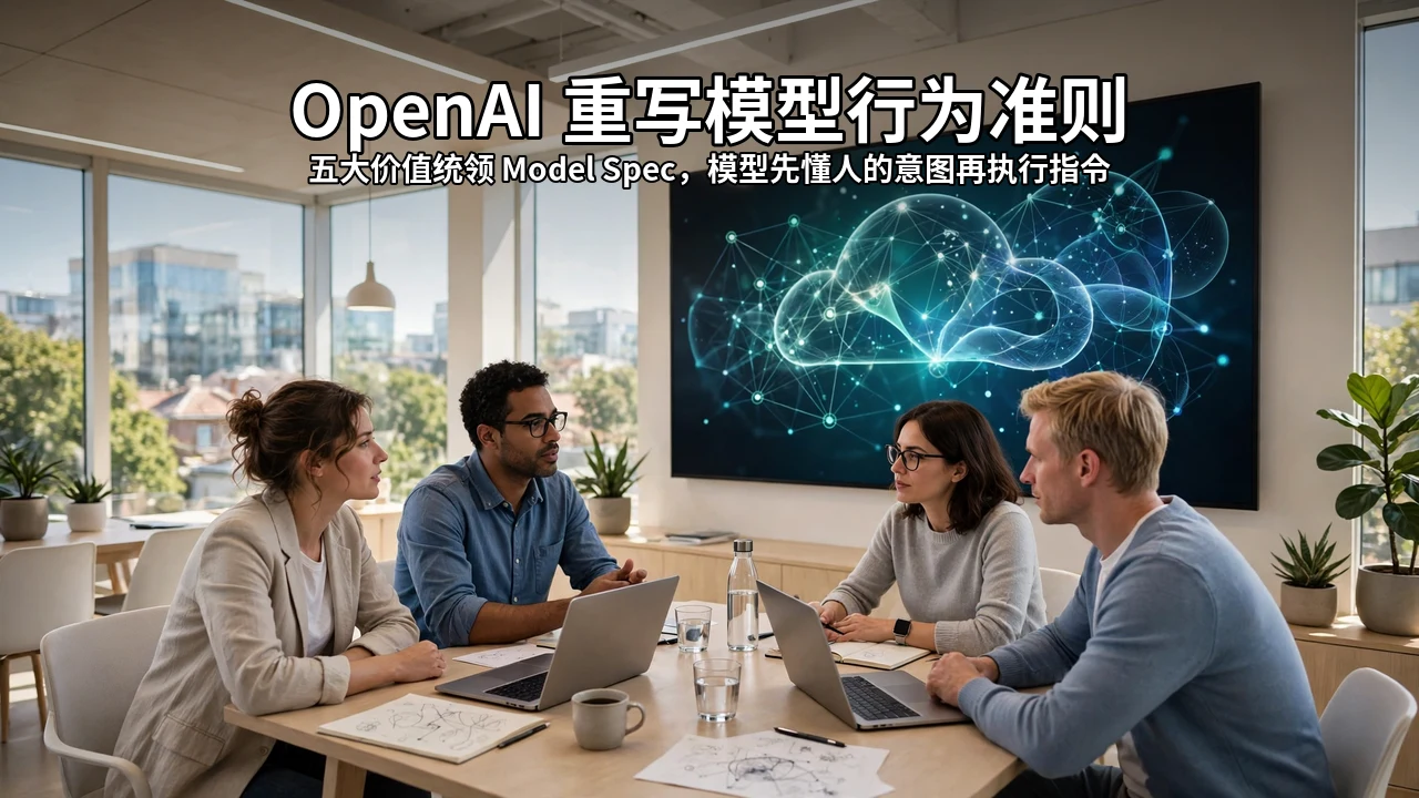 明亮的科技办公室,工程师围坐讨论,大屏幕显示 AI 界面