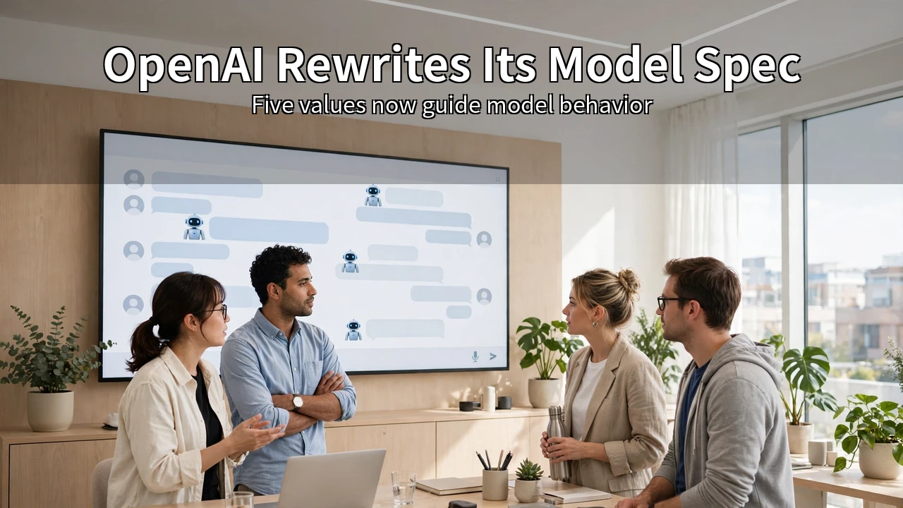 A bright tech office where engineers discuss in front of a large screen showing an AI interface