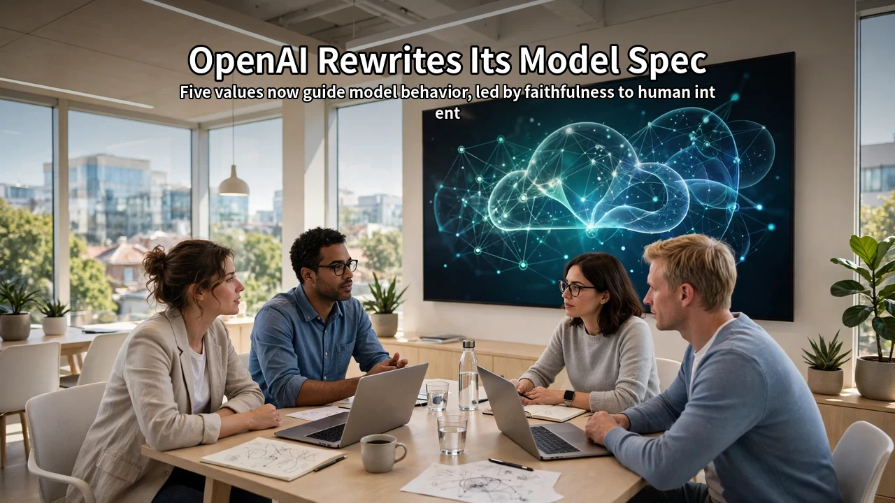 A bright tech office where engineers discuss in front of a large screen showing an AI interface