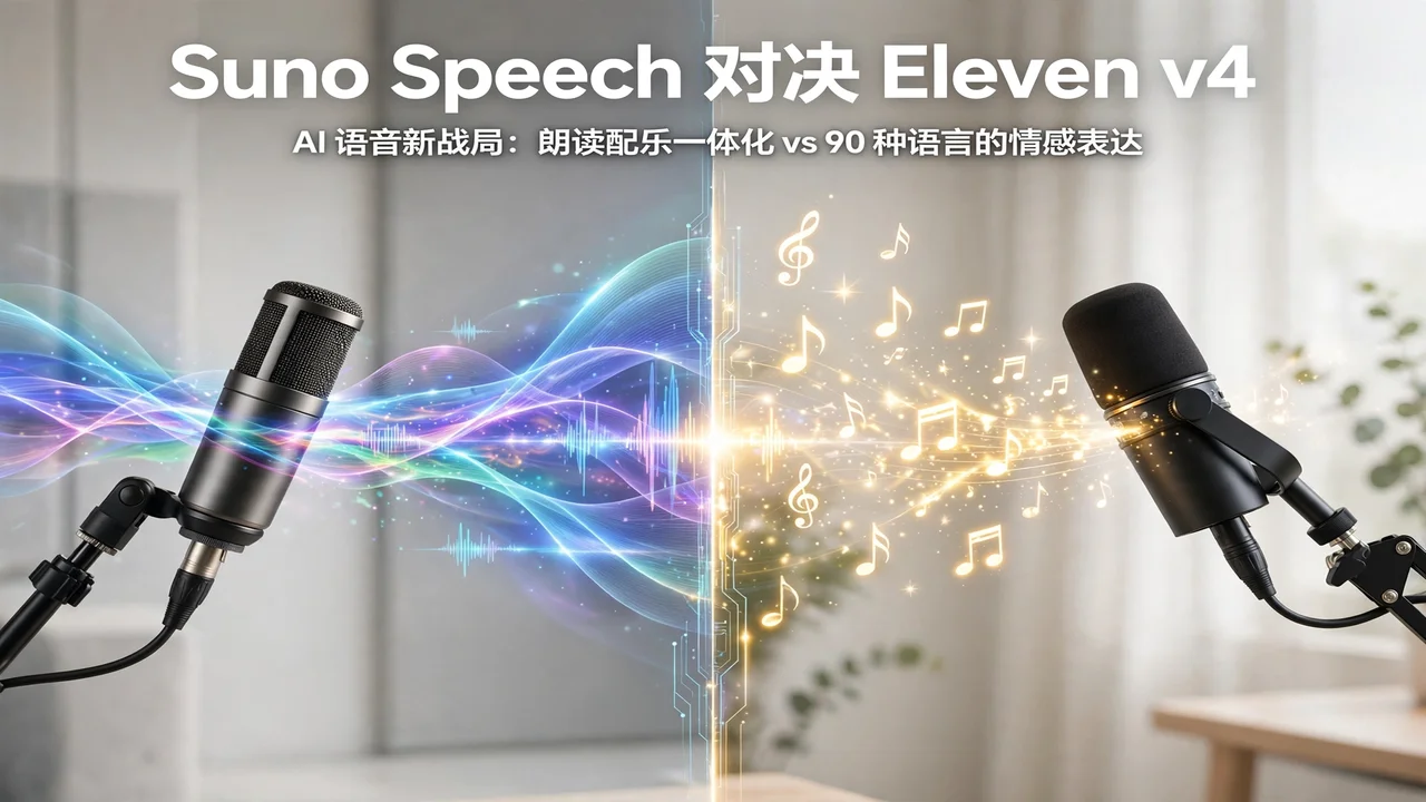 明亮的对决构图:左侧麦克风发出彩色声波,右侧麦克风飘出音符,中间以光束分隔,上方有中文标题