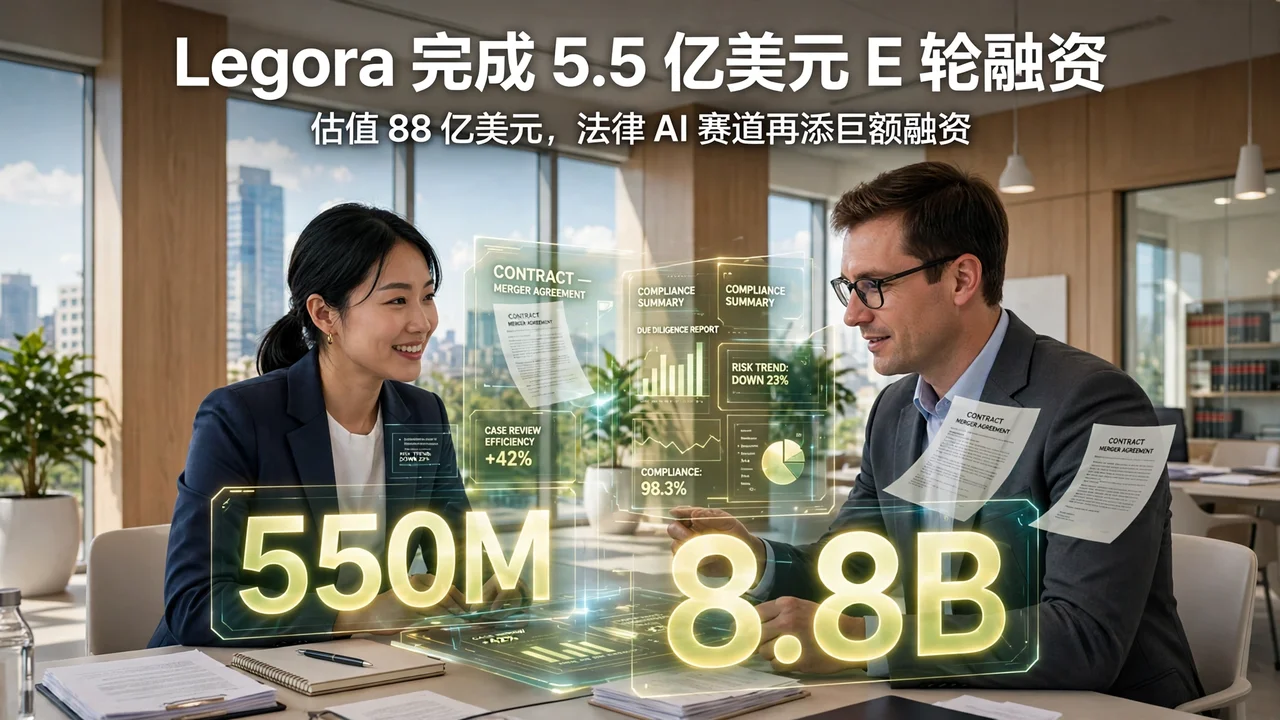 Two lawyers in a bright law office reviewing an AI holographic legal-document analysis interface labeled 550M and 8.8B