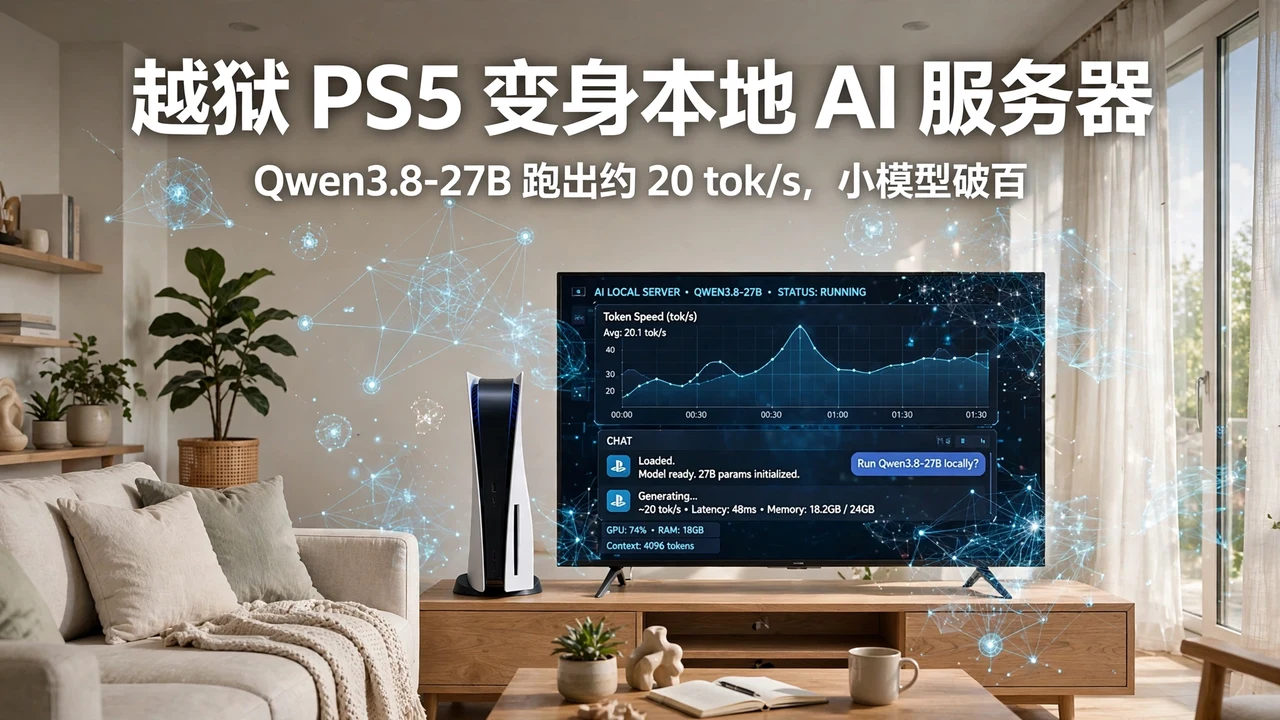 客厅中 PS5 与电视 AI 仪表盘的明亮示意图（AI 生成图）