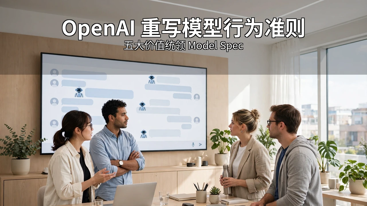 明亮的科技办公室,工程师围坐讨论,大屏幕显示 AI 界面