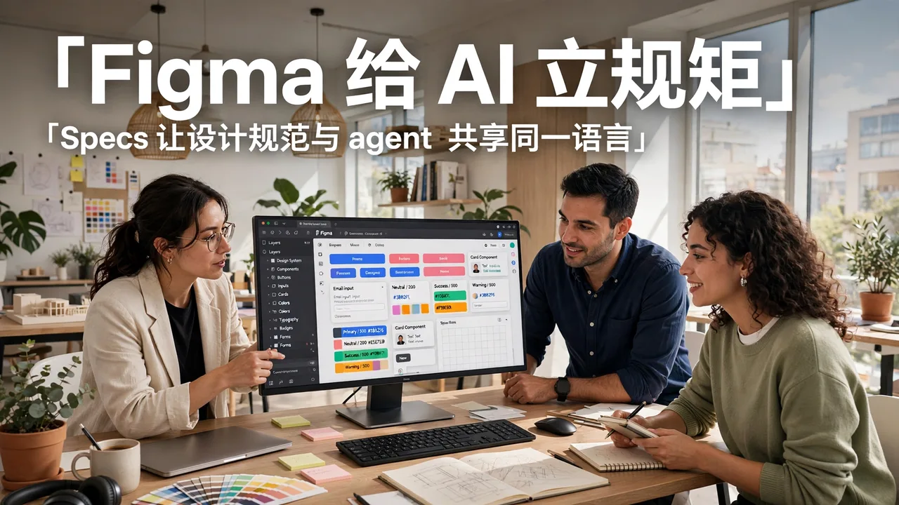 明亮的设计工作室,屏幕上显示 Figma 设计画布,标题「Figma 给 AI 立规矩」