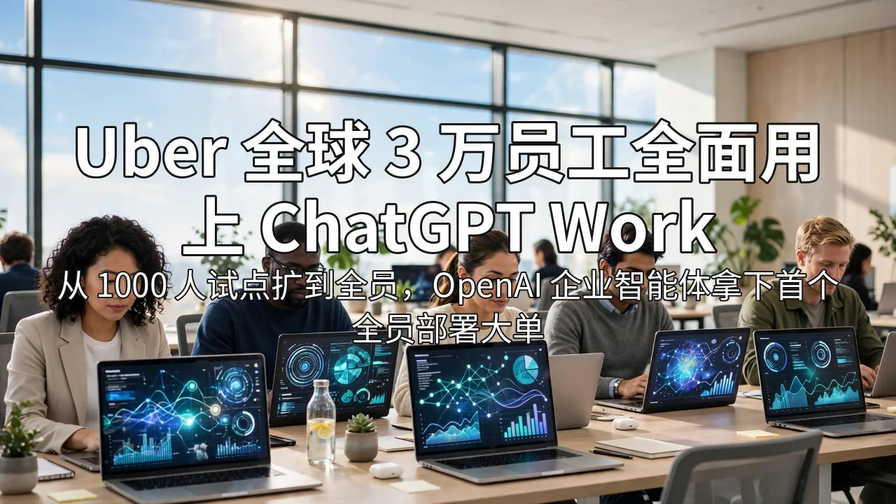 Bright modern office: employees working on laptops showing AI analytics dashboards