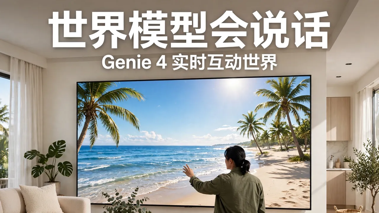 A person standing before a large screen in a bright living room, the screen showing a sunny beach simulation