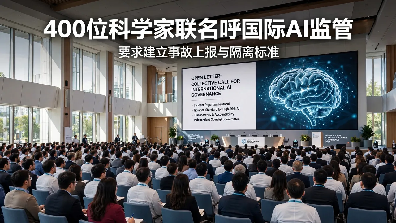 AI绘制的新闻配图:明亮的学术会议大厅里,数百位科学家注视着舞台,巨幕显示《国际AI治理联名公开信》与AI脑图示