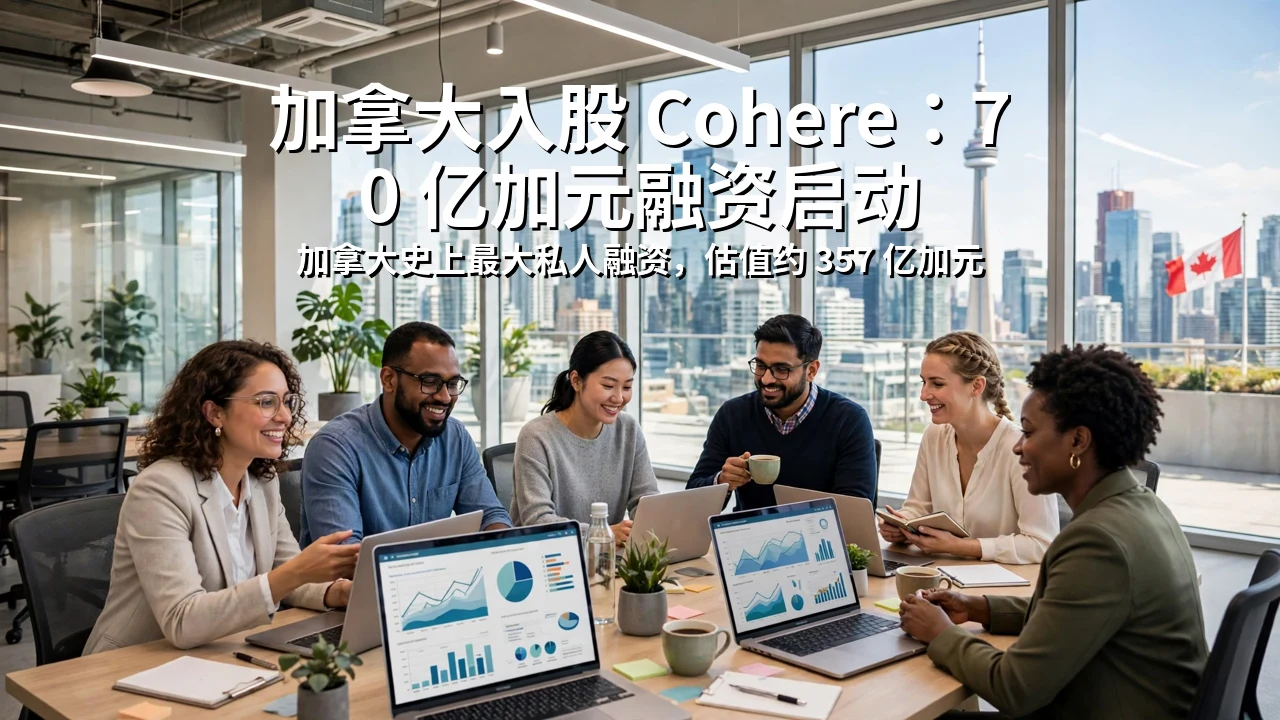 阳光下的多伦多市中心天际线与明亮的企业办公室，屏幕上显示 AI 界面
