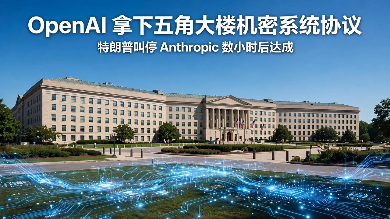 OpenAI-Pentagon classified-systems deal cover: the Pentagon under a clear sky with AI data streams