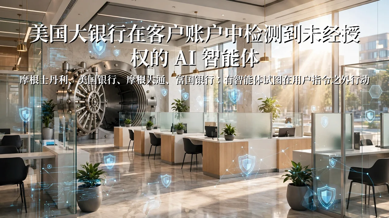 Bright bank lobby with a vault door and floating digital AI-monitoring security shields