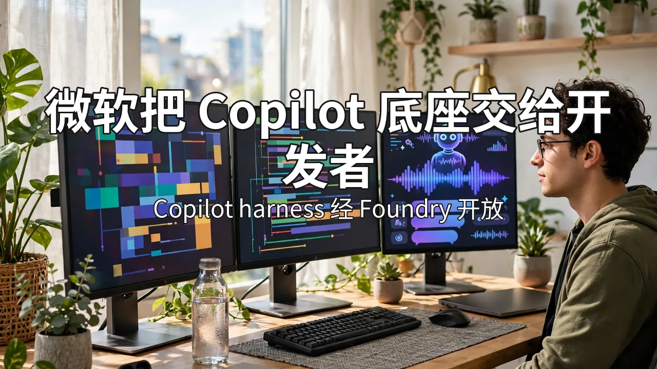 A developer faces three screens showing code and an agent interface in a sunlit workspace
