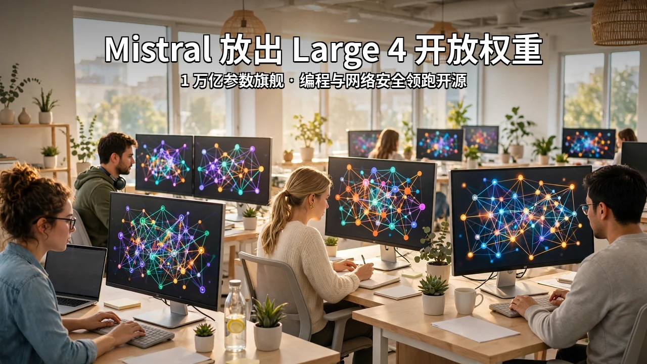 明亮的科技办公室里,开发者在显示代码与神经网络图形的大屏幕前工作