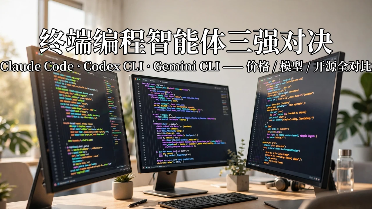 明亮的开发者工作区，三台显示器分别打开终端代码窗口，白色粗体中文标题压在图上