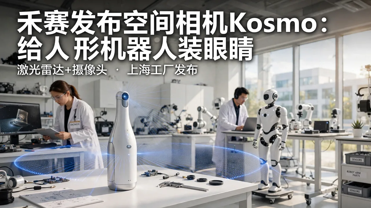 明亮的机器人实验室，形似酒瓶的空间相机 Kosmo 发出蓝色激光扫描线
