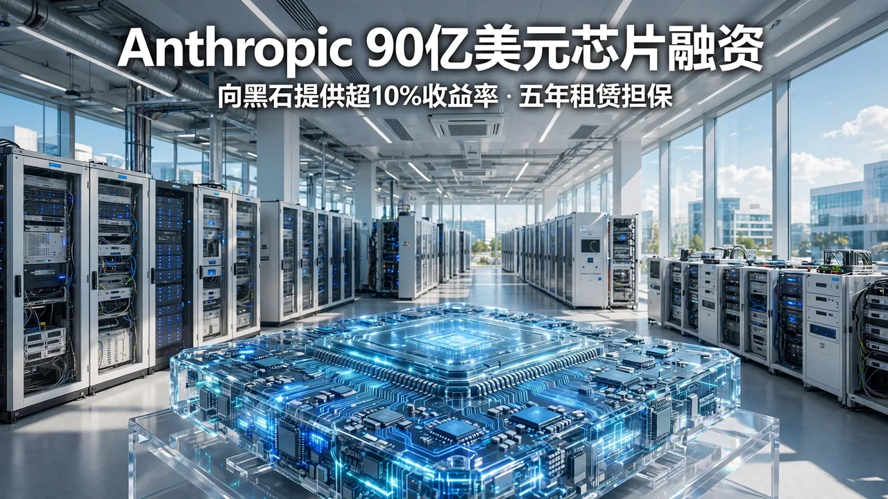 Anthropic $9B chip financing cover: bright data center hall with a glowing chip
