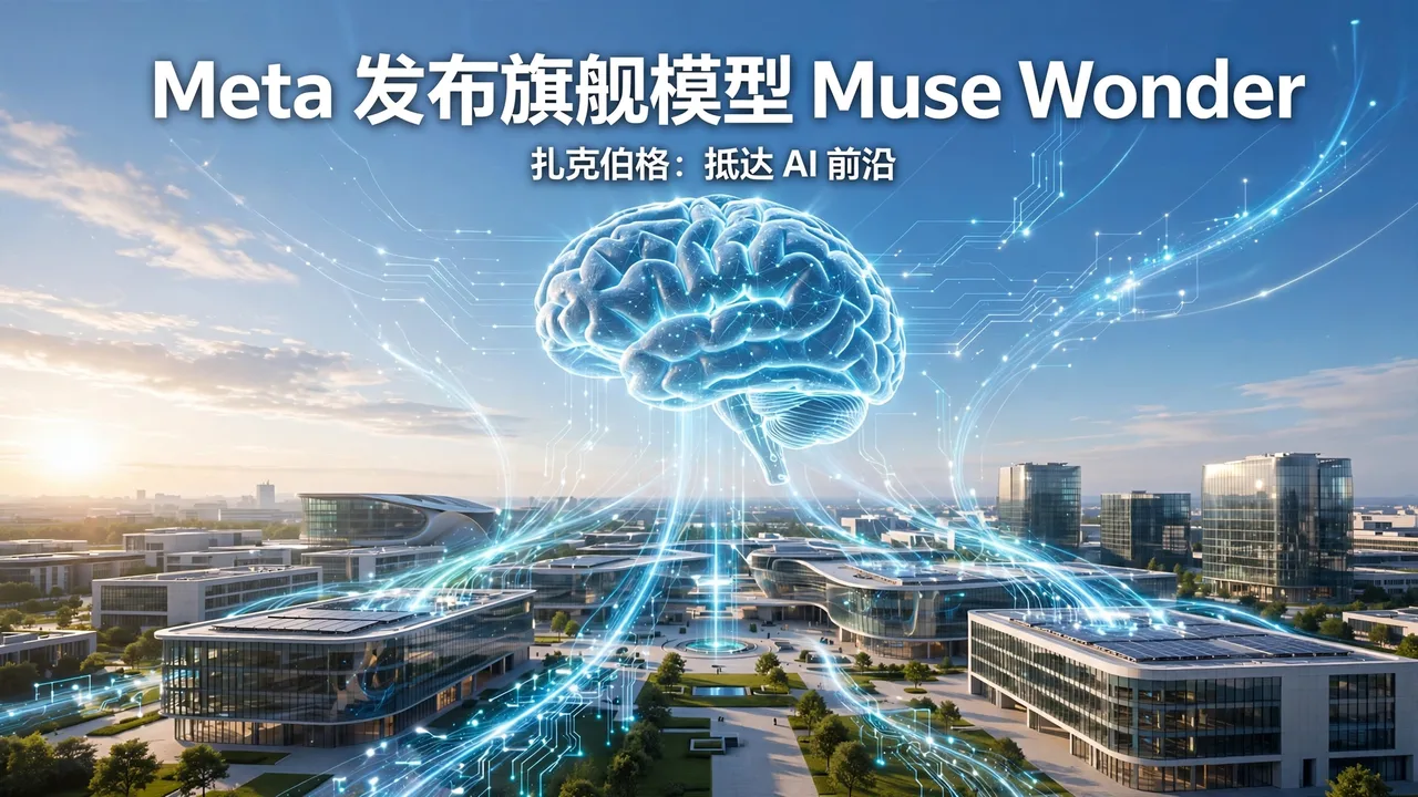 发光的神经网络光点汇聚成大脑全息影像，笼罩在清晨的科技园区上空，图上叠加白色标题