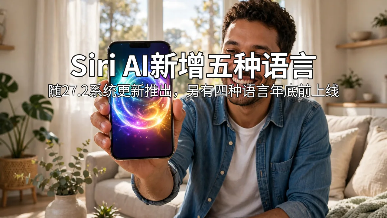 明亮客厅中一人手持显示彩色语音助手光晕的手机(AI 生成图)