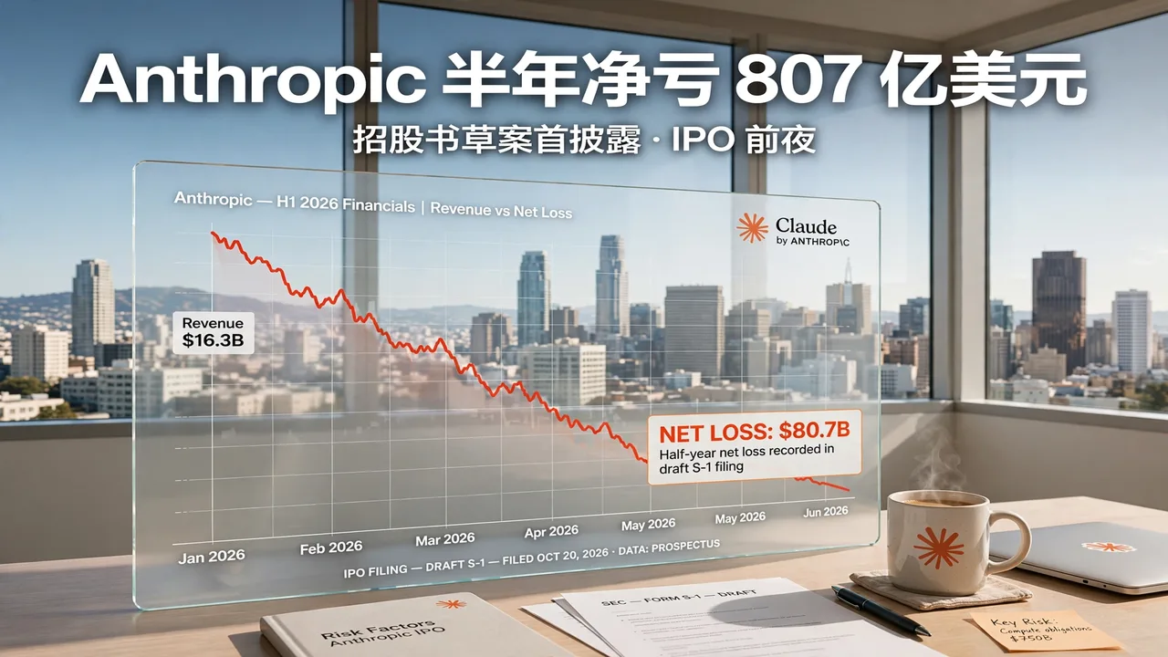 Bright San Francisco office scene with a transparent display showing Anthropic's H1 financials and the $80.7B net loss