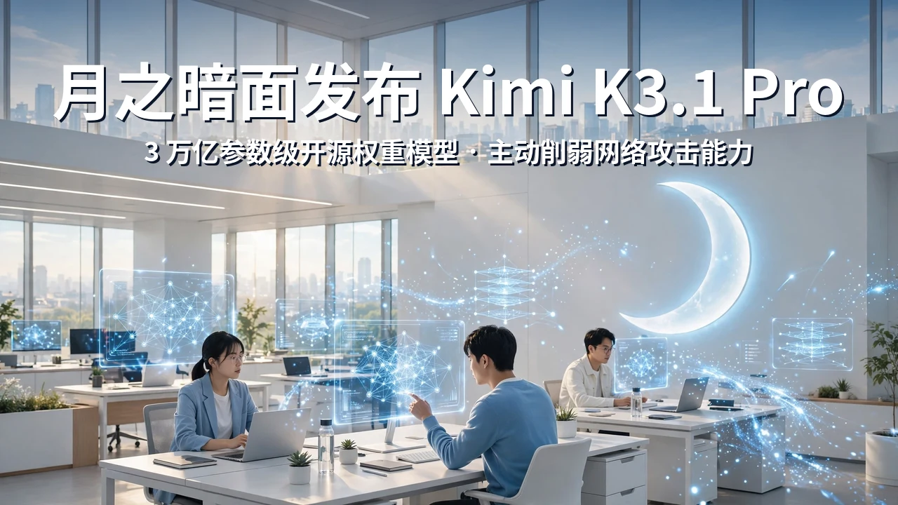 明亮的 AI 实验室场景,墙上有发光的月牙形装置,工程师在全息神经网络屏幕前工作,上方压着白色中文标题