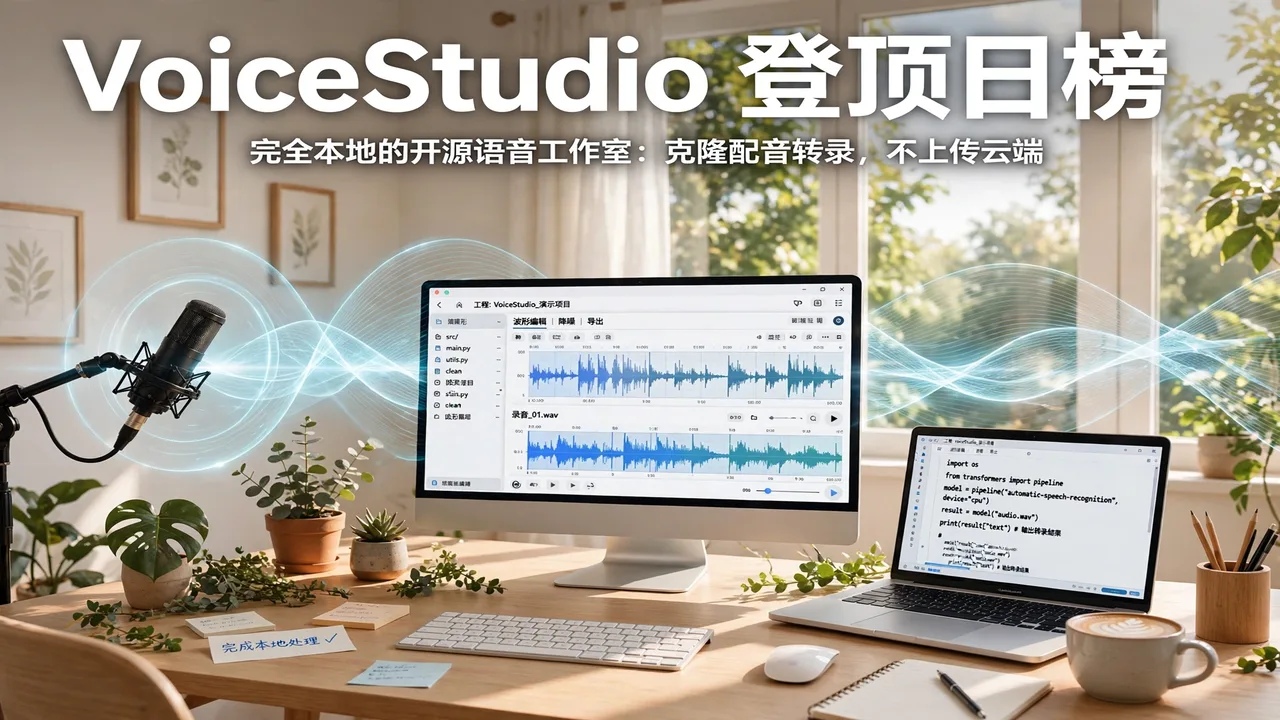 Sunlit home recording studio with a microphone, sound waves and a desktop voice-editing interface