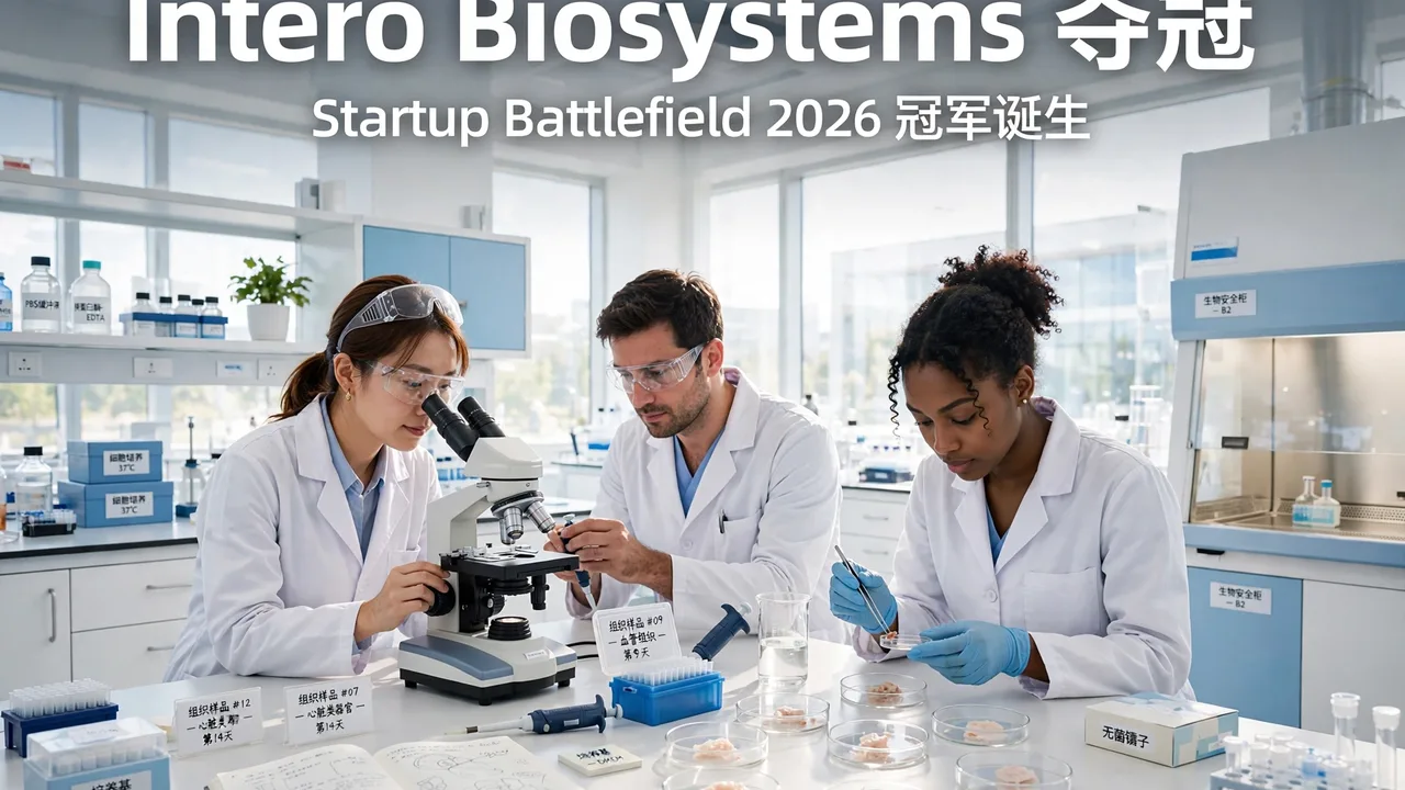 Bright photorealistic biotech lab scene: researchers examining tiny tissue samples in petri dishes under microscopes, with a white Chinese headline overlaid