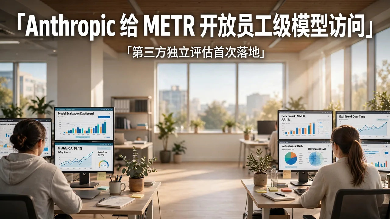 Bright AI lab office with evaluation dashboards on screens