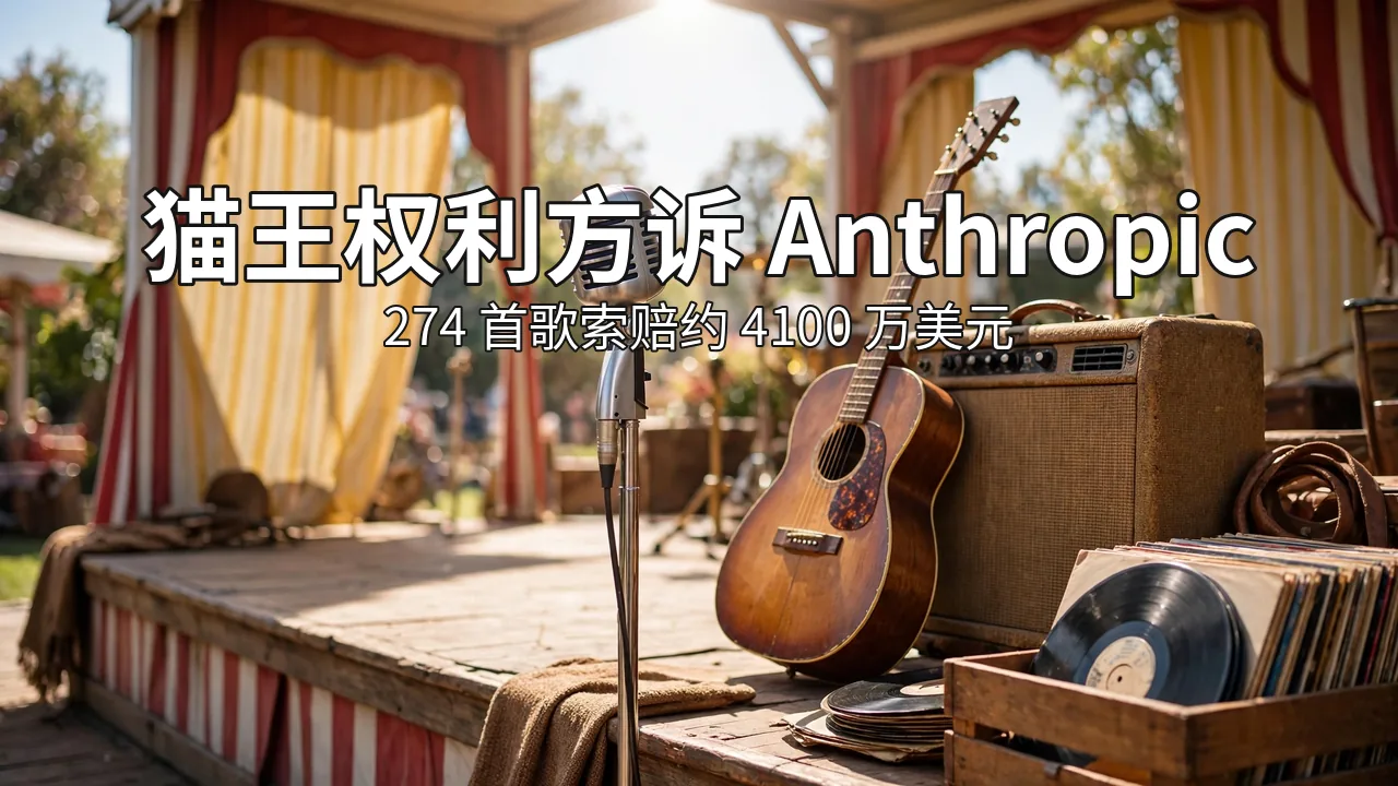 Sunlit vintage stage with microphone, guitar and vinyl records