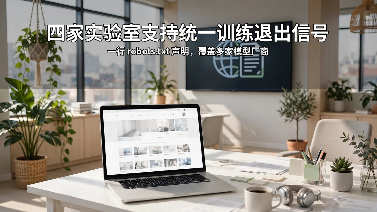 阳光明亮的出版商新闻编辑室里，笔记本电脑上显示着网站首页，墙上大屏呈现地球与文档图形