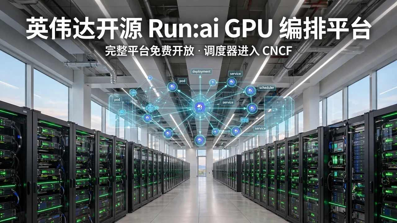 数据中心 GPU 机架与编排示意图,标题为英伟达开源 Run:ai GPU 编排平台